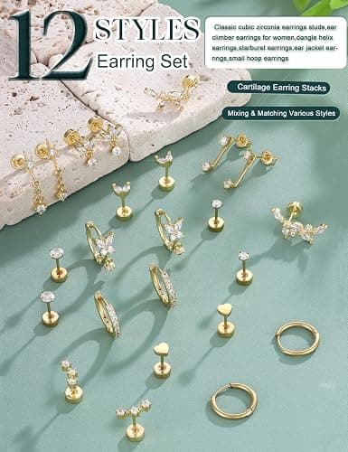 IRONBOX Hypoallergenic Flat Back Earrings for Women Cartilage Earring Stack | Stainless Surgical Steel Earrings for Sensitive Ears,Flatback Stud Hoop Earring Set,Helix Tragus Conch Daith Piercing Jewelry thumbnail 7