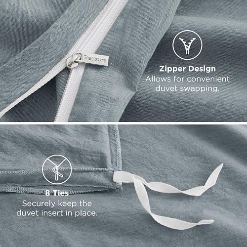 Bedsure 100% Washed Cotton Duvet Cover King Size - Dusty Blue Minimalist Cotton Duvet Cover Linen Like for All Seasons - GentleSoft™ Plain Simple Bedding (Dusty Blue, King, 104"x90") thumbnail 7