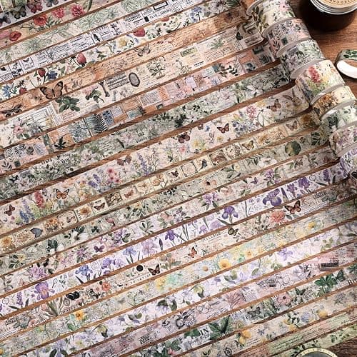 42 Rolls Vintage Washi Tape Set, Delicate Butterfly & Lush Floral Botanical Themed Writable Decorative Tapes with Retro Elements for Scrapbooking, Junk Journal Supplies, Bullet Journaling 5-25mm Wide thumbnail 5