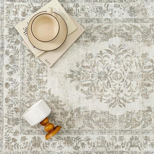 PureCozy 9x12 Area Rug Beige Washable Vintage Distressed Living Room Carpet Large Bedroom Indoor Medallion Floral Non Slip Retro Throw Floor Mat for Office Dining Room Kitchen Bathroom thumbnail 5