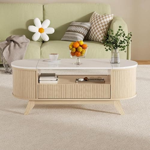 Coffee Table with Storage, Mid Century Modern Center Table for Living Room, Oval Fluted Coffee Table with Hidden Storage Space, Open Shelf & Drawer, Natural Wood thumbnail 6