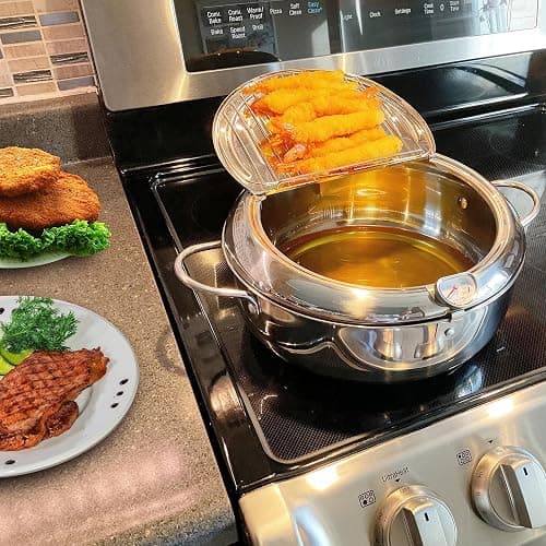 Saltlas Deep Fryer Pot (°F), 11"/4.4Qt (4.2 L) Extra Large Tempura Frying Pot with Lid, 304 Stainless Steel Fry Pot with Fahrenheit Thermometer and Oil Drip Drain Rack thumbnail 2