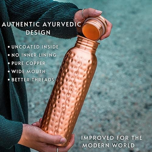 Kosdeg Copper Water Bottle - 34 Oz Extra Large - A Hammered Ayurvedic Pure Copper Vessel For Drinking - Drink More Water, Lower Your Sugar Intake And Enjoy The Health Benefits Immediately thumbnail 5
