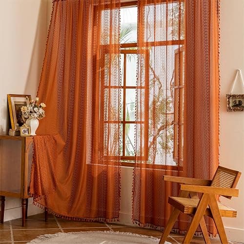 Sutuo Home Terracotta Boho Lace Curtains 2 Panels 84 Inches Long for Living Room&Bedroom, Burnt Orange Crochet Privacy Farmhouse Vintage Tassels Retro Halloween Window Sheer Curtains Rod Pocket,50" W thumbnail 2