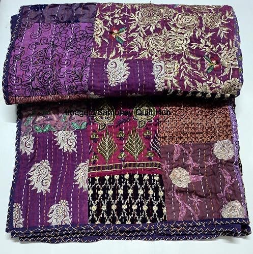 Multicolor Patchwork Quilt Vintage Indian Reversible Quilted Throw Blanket Super Soft and Warm Living Room Decorative for Sofa and Couch 60X67 inches (Purple) - Image 1