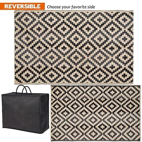 SAND MINE Waterproof Outdoor Rug 5x8 ft, Plastic Reversible Rug, Modern Area Rug, Large Floor Mat for Outdoors, RV, Patio, Backyard, Deck, Picnic, Beach, Camping, Black & Beige thumbnail 3