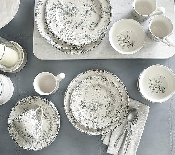 222 Fifth Adelaide 16-Piece Traditional Antique White Porcelain Dinnerware Set – Service for 4, Romantic Bird & Floral Design, for Everyday Dining & Entertainment, Microwave & Dishwasher Safe thumbnail 3