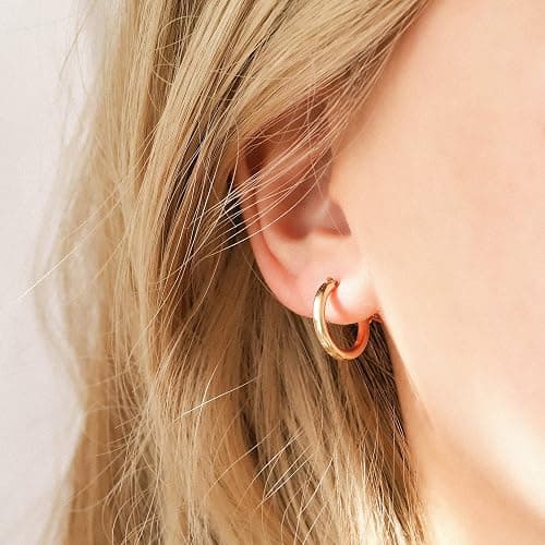 14K Gold Plated Hoop Earrings for Women, 4 Pairs Sterling Silver Post Small Hoops, Gold Huggie Earrings Set for Women Men (13mm 15mm 20mm 25mm) thumbnail 7
