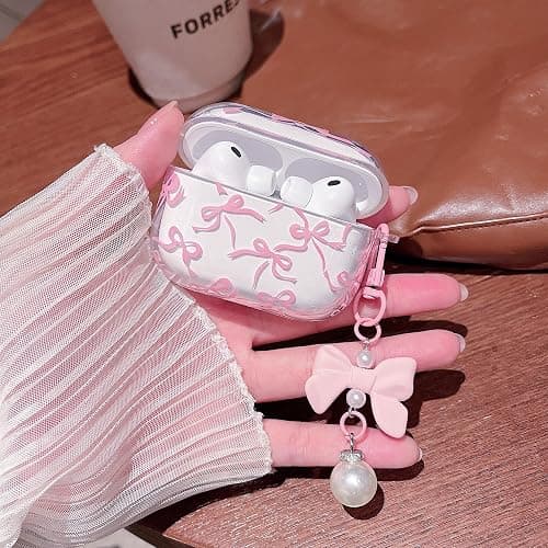 MINSCOSE Compatible with AirPods Pro 3rd Generation Case (2025) with Cleaner Kit,Cute Ribbon Bow Pretty Aesthetic Design with Bow Pearl Keychain,for Girls Women for AirPods Pro 3-Pink thumbnail 5