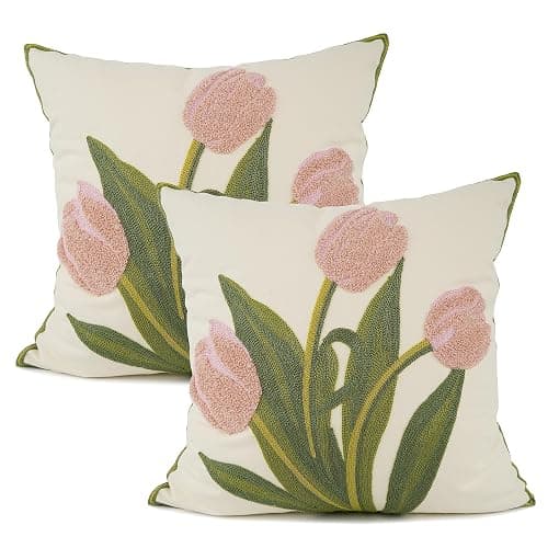 YOUR SMILE Pack of 2 Embroidered Decorative Throw Pillow Cover 18x18 Inch Farmhouse Floral Floor Pillowcase for Couch Living Room Sofa Bed,Pink Tulip - Image 1