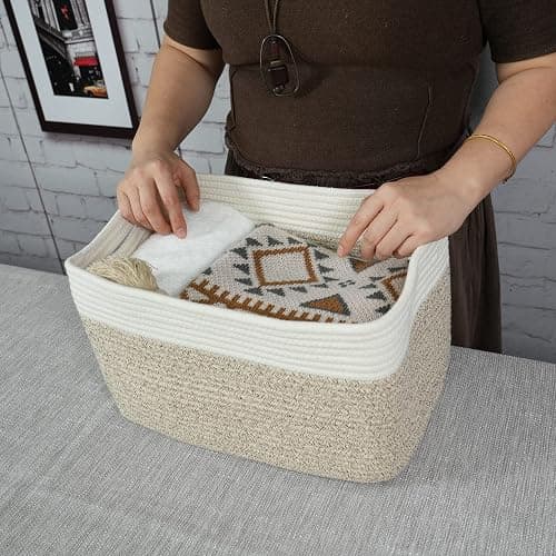 Cotton Rope storage Basket Bins Woven Basket for Organizing Shelves 15X10X9.3" Rectangle Decorative Baskets For storage Clothes Toys Books Towels Nursery basket organizer 3 pack white and brown thumbnail 2