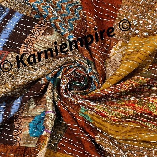 Indian Patchwork Kantha Quilt Throw Handmade Silk Sari Patola Ethnic Reversible Bohemian Bedding Bedspread Vintage Stitched Boho Gudri Blanket Bed Sofa Cover Decorative (Queen [90"X108"], Brown) thumbnail 5