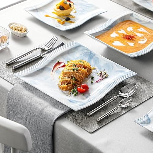 MALACASA Dinnerware Sets for 6, 30 Piece Porcelain Plates and Bowls Sets, Square Dish Set with Dinner Plate and Bowl, Cup and Saucer, Blue Dishes Dinnerware Set, Modern Dishware Sets, Series Flora thumbnail 6