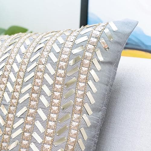 The White Petals Silver Grey Gold Throw Pillow Cover - Luxurious, Festive & Decorative (Sequinned, 18x18 inch, Pack of 1) thumbnail 3