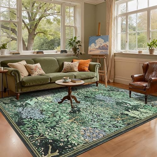 GarveeHome Forest Rugs 6x9, Blue Green Washable Area Rug for Living Room, Botanical Low Pile Non Slip Stain Resistance Woodland Area Rug for Farmhouse, Bedroom, Dining Room - Image 1