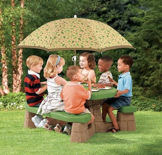 Step2 Naturally Playful Kids Picnic Table with Removeable Umbrella, Indoor/Outdoor Toys, Fits 6 Children, Made of Durable Plastic, For Toddlers 3+ Years Old, Green & Leaves - Green & Leaves - 69.25" H x 43" W x 40.75" D thumbnail 2