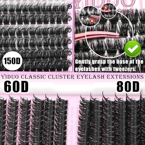 YIDUO 4 Styles Lash Clusters Kit 60D+80D+100D+150D Volume Clusters Lashes Extensions Kit with 2 X Bond and Seal 10-18mm Wispy D Curvature Full Individual Eyelash Extensions Kit DIY at Home Easily thumbnail 4