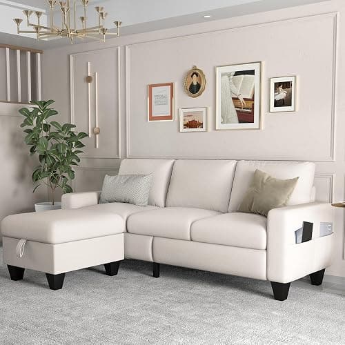 ZeeFu Convertible Sectional Sofa Couch,Beige Linen Fabric Modern 3-Seat L-Shaped Upholstered Furniture with Storage Reversible Ottoman & USB & Type-C and Pockets for Living Room Small Space Apartment - White - Image 1