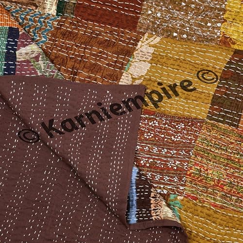 Indian Patchwork Kantha Quilt Throw Handmade Silk Sari Patola Ethnic Reversible Bohemian Bedding Bedspread Vintage Stitched Boho Gudri Blanket Bed Sofa Cover Decorative (Queen [90"X108"], Brown) thumbnail 6