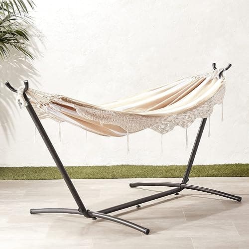 Amazon Basics Double Hammock with 9-Foot Space Saving Steel Stand and Carrying Case, 2 Person, 450 lb Capacity, Beige Stripe with Lace, 110" x 47" x 43" thumbnail 2