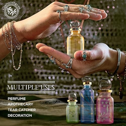 Egyptian Perfume bottles, Empty Glass Mini Bottles for Perfume, Essential Oils or Potion - Set of 10 Decorative Small Vials, Each 2" High (5cm), Assorted Colors thumbnail 7