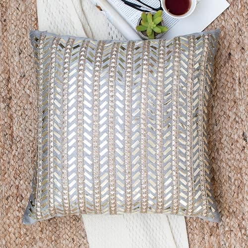 The White Petals Silver Grey Gold Throw Pillow Cover - Luxurious, Festive & Decorative (Sequinned, 18x18 inch, Pack of 1) thumbnail 5
