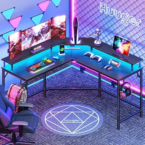 Huuger L Shaped Gaming Desk with Power Outlets & LED Lights, Computer Desk with Monitor Shelves, Home Office Desk, Corner Gaming Desk with Hooks, Black thumbnail 2