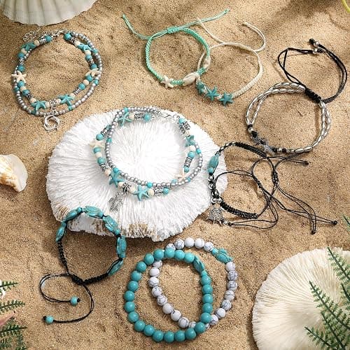FASACCO 10 PCS Turtle Ankle Bracelets for Women Waterproof Handmade Starfish Sea Turtle Bracelet Adjustable Boho Summer Beach Bracelets for Women Men Bahamas Souvenirs thumbnail 6