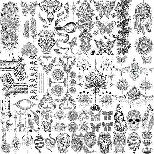 Bilizar 32 Sheets 89+ PCS Black Lotus Temporary Tattoos For Women Hands Adults Underboob, Tribal Indian Elephant Skull Snake Fake Tattoos, Bulk Bohemia Butterfly Tattoo Kit Sets Mandala Flower Moon thumbnail 7