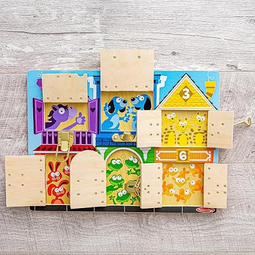 Melissa & Doug Wooden Latches BoardSensory Activity Toy for Kids, Doors and Locks Toy, Wooden Busy Board, Toddler Toys for Ages 3+ thumbnail 9