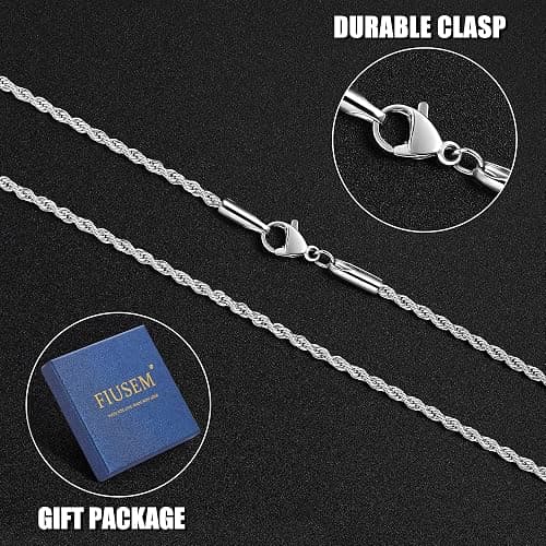 Fiusem 3mm Rope Chain Necklace for Men, Silver Tone Mens Chain Necklace, Stainless Steel Necklace Chain for Men Women, Jewelry Gift thumbnail 7