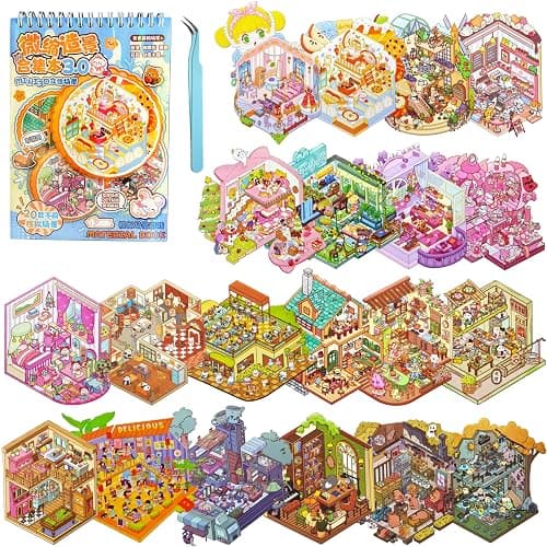 20 Sets DIY 3D House Stickers Scene Collection Book for Children Adults - Magic House, with Tweezers Make Your Own House Stickers Therapy for Adult Relief Stress - Image 1