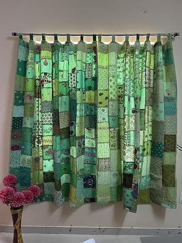 Sambhav Quilt Hub 2 Pcs Indian Vintage Old Patchwork Fabric Made Theme Patchwork color Handmade Curtain Door Bohemian Window Decor Curtain Home Door Window Curtain Set (Green) - Green thumbnail 2