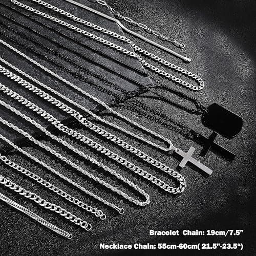 GIFIKOI 30Pcs Jewelry Set for Men Stainless Steel Band Ring Cuban Link Chain Necklace and Bracelet Cross Dog Tag Pendant Necklace Hoop Stud Black Earrings Mens Fashion Jewelry Set thumbnail 5