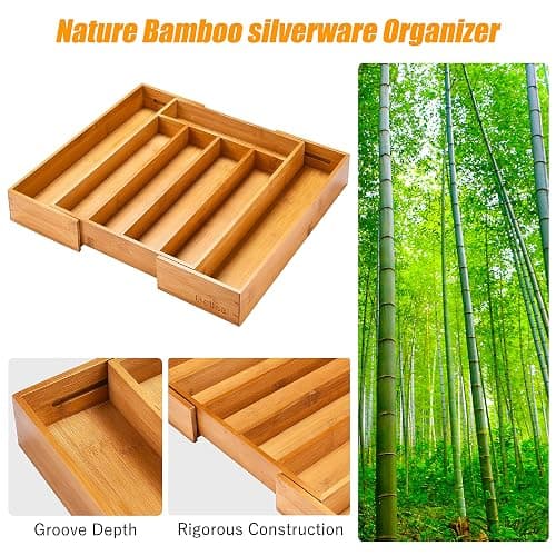 Bellsal Silverware Organizer Kitchen Drawer Organizer Expandable Bamboo Utensil Holder Cutlery Tray for Kitchen Utensil and Flatware Bedroom Office - Nature - 7 Slots Expandable thumbnail 5