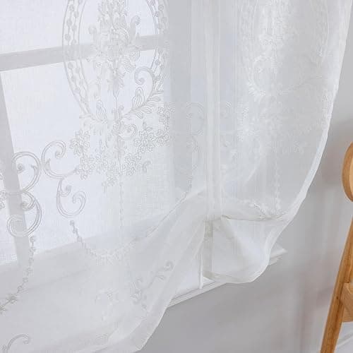 HomeyHo Sheer Tie Up Curtains for Bathroom Girls Bedroom Flower Embroidered Liftable Curtain Kitchen White Lace Short Balloon Curtains for Small Window 31 x 47 Inch thumbnail 6