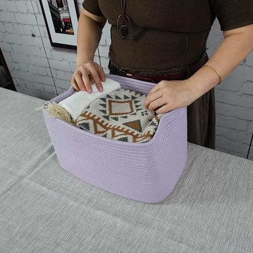 Cotton Rope storage Basket Bins Woven Basket for Organizing Shelves 15X10X9.3" Rectangle Decorative Baskets For storage Clothes Toys Books Towels Nursery basket organizer 3 pack purple or lavender thumbnail 2