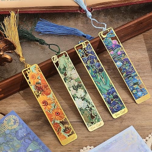 4 Pieces Metal Bookmarks with Tassel, Golden Hollow Bookmark Oil Painting Theme Book Mark Bookmarks for Book Lovers Writers Readers Children Teens Men Women Adults thumbnail 8