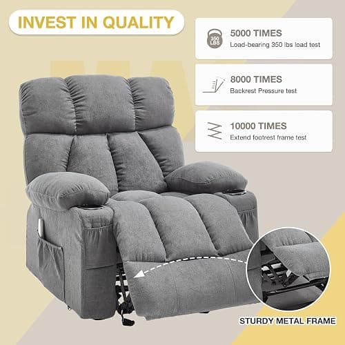 Massage Recliner Chair, Overstuffed Rocker Lazy Boy Chairs with Vibration&Gently Heat,Fabric Ergonomic Manual Nursery Chair for Living Room with Side Pocket, 2 Cup Holders&USB Charge Port, Grey thumbnail 5