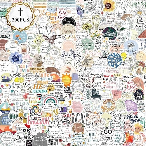 200 PCS Christian Bible Verse Jesus God Stickers - Waterproof Vinyl Scripture Stickers for Bible Journaling Supplies, Water Bottles, Laptops, Notebooks - Religious Inspirational Decals for Faith Gifts - Image 1