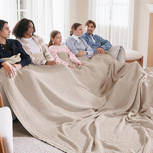 Bedsure 100% Cotton Big Oversized King Blanket, Waffle Weave, Beige | Breathable, Soft, Cozy, Thick, Waffle Texture, Fall, Summer Blanket for Bed, Gifts for Women, Machine Washable, 120"X94" - Image 1