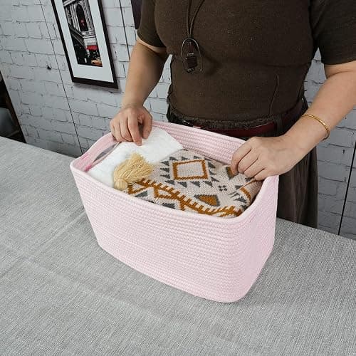 Cotton Rope storage Basket Bins Woven Basket for Organizing Shelves 15X10X9.3" Rectangle Decorative Baskets For storage Clothes Toys Books Towels Nursery basket organizer 3 pack light pink thumbnail 2