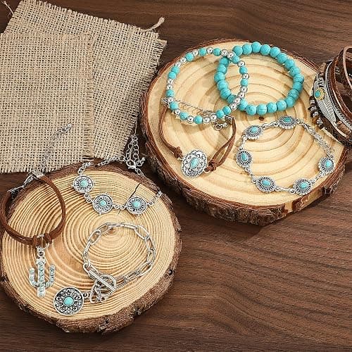FEYIR Bohemian Turquoise Jewelry Set for Women Boho Turquoise Layered Necklace Bracelet Western Belt Stackable Ring Earrings Western Jewelry Accessories thumbnail 7