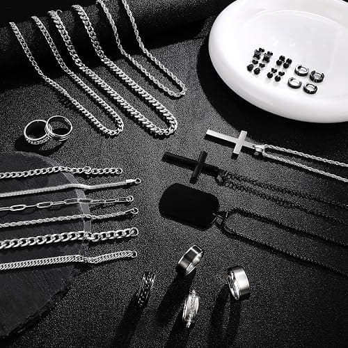GIFIKOI 30Pcs Jewelry Set for Men Stainless Steel Band Ring Cuban Link Chain Necklace and Bracelet Cross Dog Tag Pendant Necklace Hoop Stud Black Earrings Mens Fashion Jewelry Set thumbnail 3