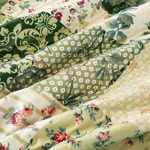 Cmfshape Summer Floral Queen Quilted Bedspread,Romantic Green Quilt Set,Reversible Stitched Bedding Cover All Season,Soft Lightweight Coverlet with Pillow Cases (Green&White, Queen90 x90) thumbnail 4