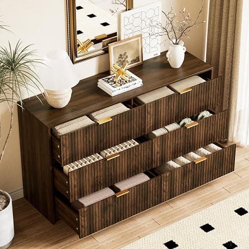 Furniway Walnut Dresser for Bedroom, Modern Dresser with 6 Drawers and Smooth Slides, Wide Chest of Drawers with Golden Handles for Bedroom, Living Room, Closet, 15.7" D x 55.1" W x 31.4" H thumbnail 4
