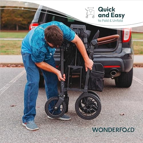 WONDERFOLD W2 Luxe Stroller Wagon (2 Seater) - Collapsible Wagon Stroller with Seats with Magnetic Buckle 5-Point Harnesses and Adjustable Sun Canopy, Volcanic Black thumbnail 6