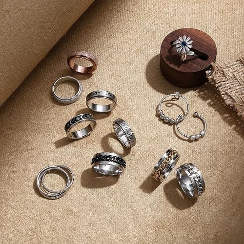 FASACCO 12Pcs Fidget Anxiety Rings for Women Men - Spinner Fidget Rings for Anxiety Relieving Stress Flower Moon Star Stainless Steel Rings Adjustable Size 5 thumbnail 7