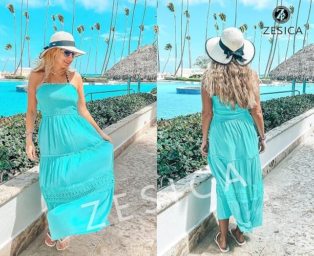 ZESICA Women's 2026 Summer Bohemian Strapless Off Shoulder Lace Trim Backless Flowy A Line Beach Long Maxi Dress thumbnail 5
