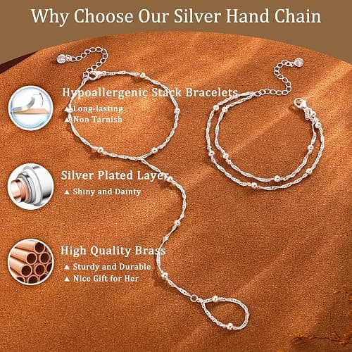 CHESKY Silver Hand Chain Bracelets for Women Set - Dainty Silver Plated Finger Ring Bracelet Stack Adjustable Hand Chains Durable Beaded Bracelets Trendy Simple Jewelry Gift for Women thumbnail 6